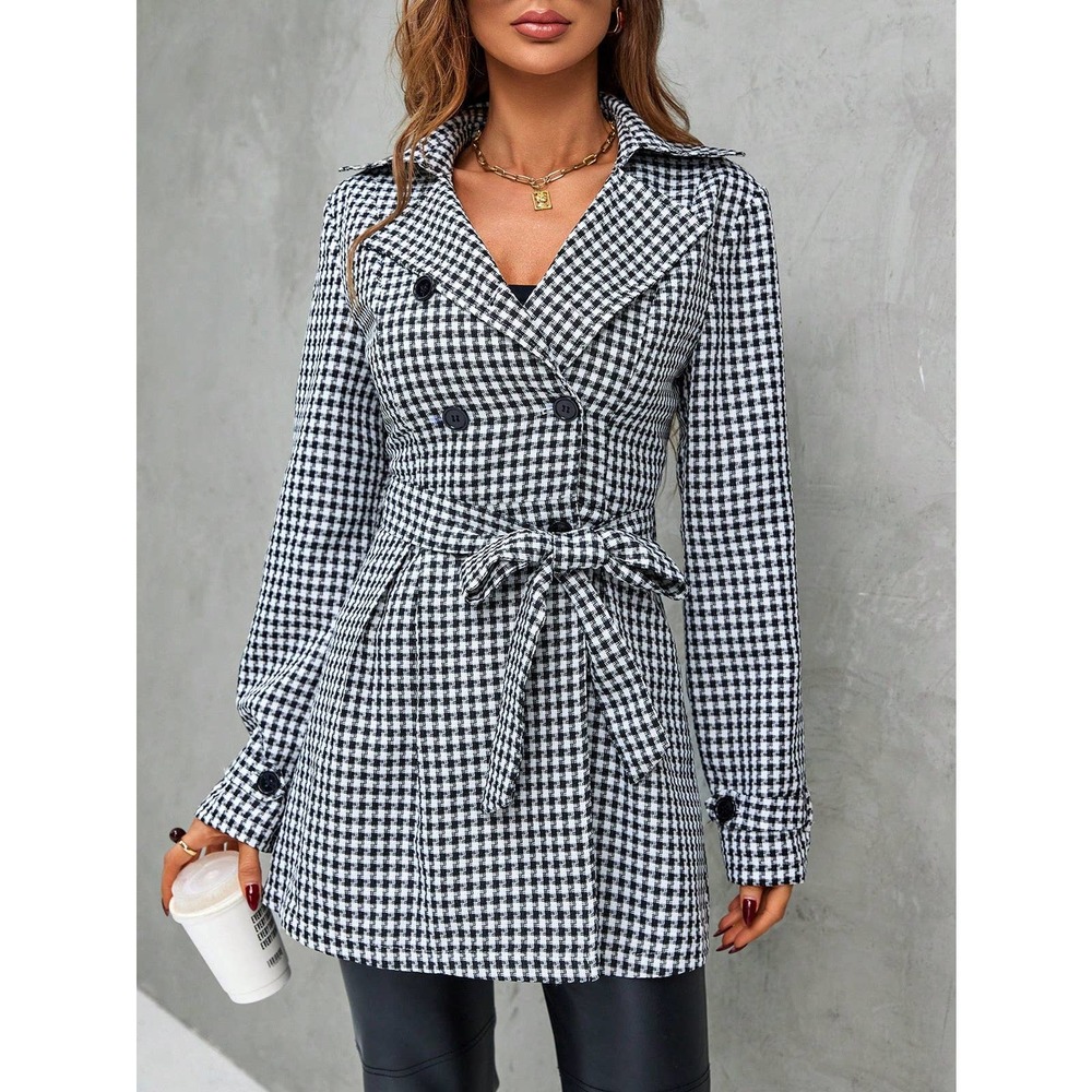 preppy Houndstooth Print Double Breasted Belted trench coat trenchcoat